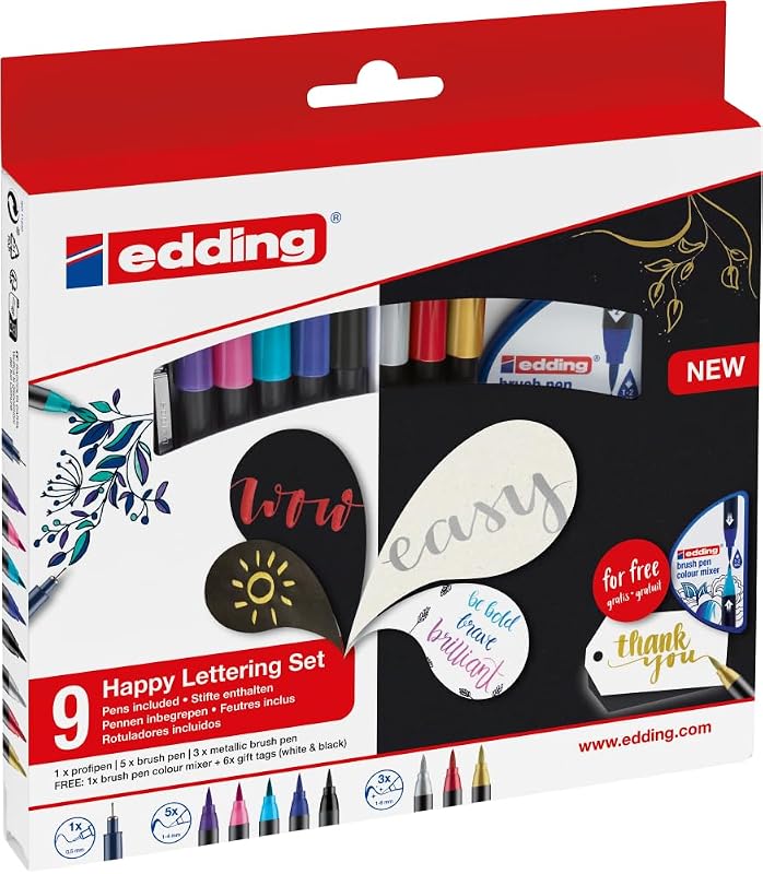 Happy Lettering 9+2 Set - 8 Fasermaler in leuchtenden und metallischen Farben, 1 Fineliner - perfektes Einsteigerset für Lettering-Liebhaber - mit Geschenkanhängern und Pinselfarbmixer