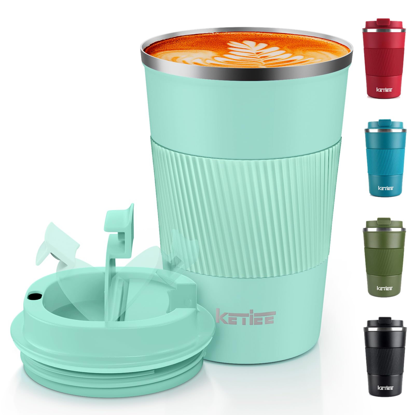 KETIEE Travel Mug Insulated With Leakproof Lid, Reusable Double Walled Coffee Cup, Stainless Steel for Hot Cold Drinks, 380ml Mint Green