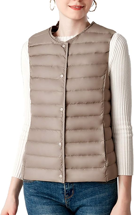 Women's Sleeveless Quilted , Round Collar Ultra Light Button Up Padded
