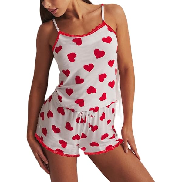 thumbnail interactive-video image 1 of Women's Y2K Heart Print Pajama Set - Cami Top & Boxer Shorts, Coquette Style Lounge Set 1 of 11