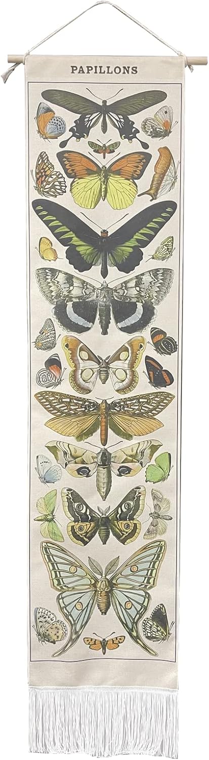 Tapestries - Toowinneet Tapestries Vintage Butterfly Tapestry, Long Vertical Wall Hanging Reference Illustrative Butterflies Tassel Tapestry for Bedroom Living Room Home Decoration（52 x 13 Inch）
