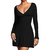 BEAGIMEG Women's Sexy Bodycon Long Sleeve Ruched Deep V A-Line Club Party Mini Dress