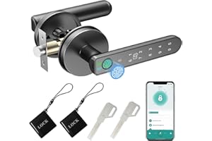 BIWIBON Fingerprint Door Lock, 5 in 1 Smart Door Knob with Smart APP/Fingerprint/IC Cards/Password/Backup Keys, Fingerprint Door Knob with Keypad for Bedroom, Office, Apartment, Black, 1 Pack