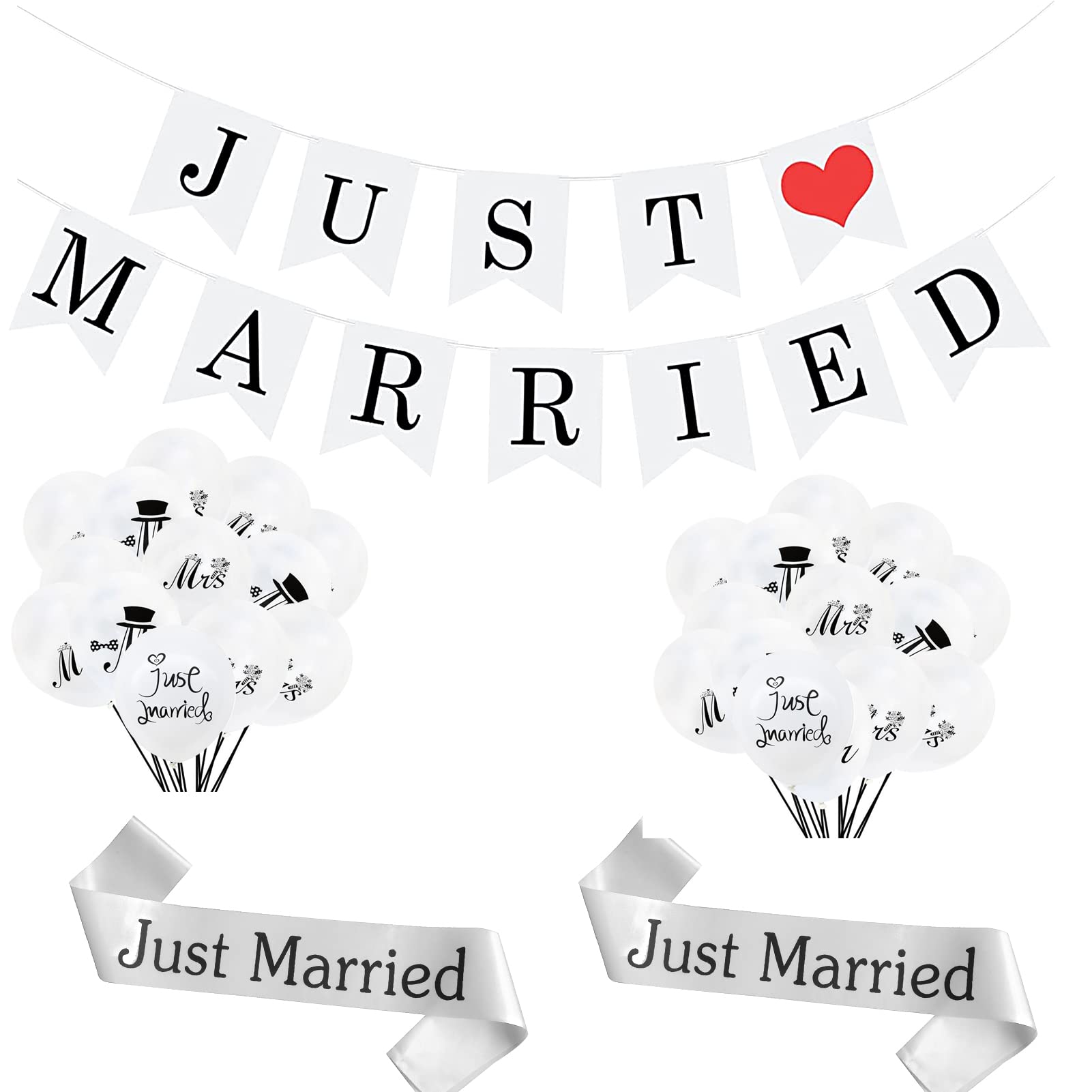 13PCS Just Married Wedding Decorations - Silver Mr&Mrs Balloons, White Latex Balloons, Aluminum Foil Banners
