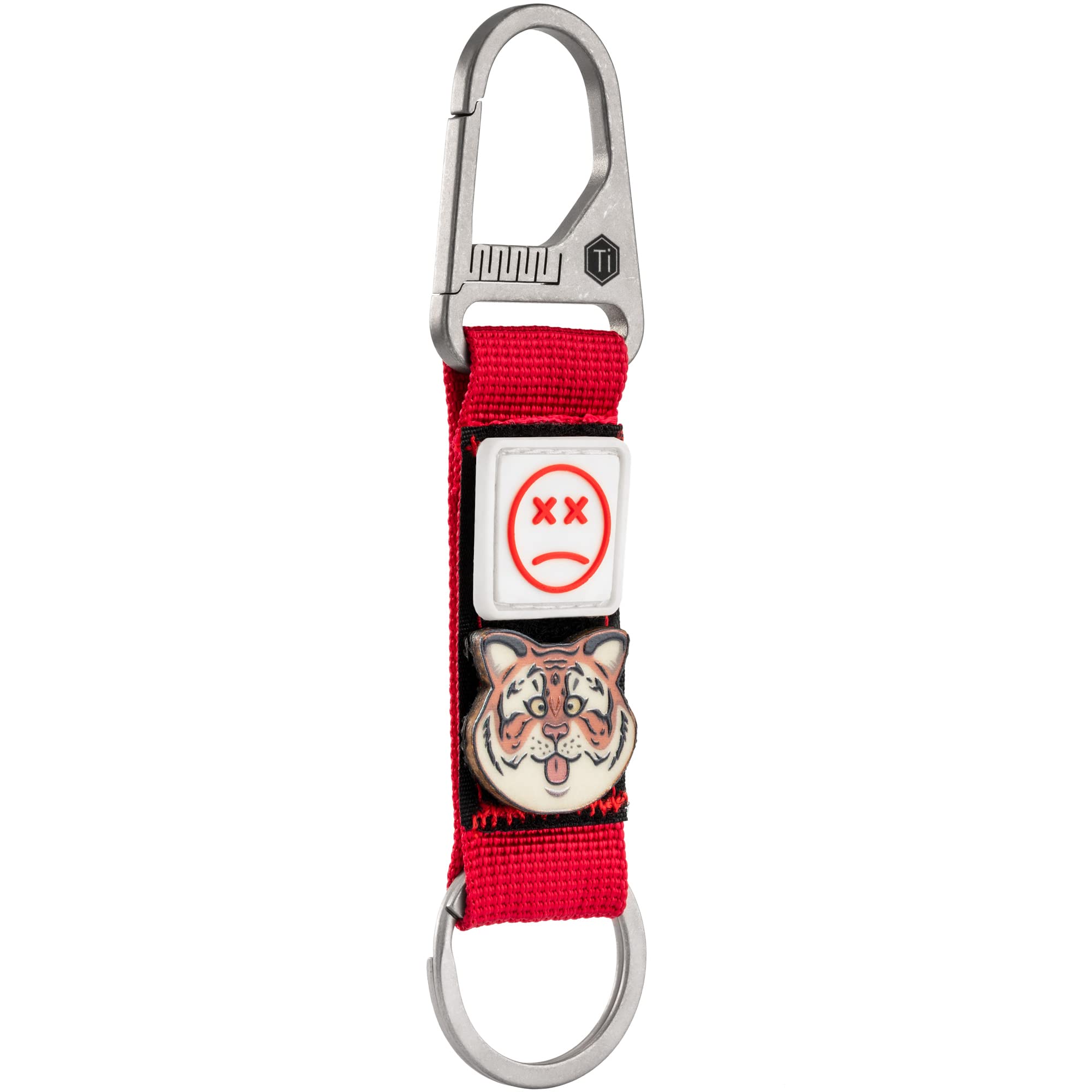 Photo 1 of KeyUnity KB01 Titanium Carabiner Keychain Nylon Webbing Molle Clip with Hook & Loop Panel for Patches (Red)