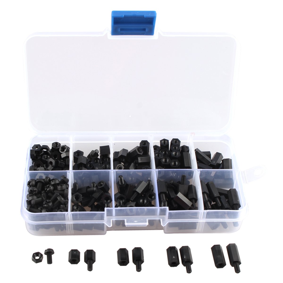 HALJIA 300Pcs M3 Nylon Black Hex Screw Nut Circuit Spacer PCB Board Pillars Standoff Round Single Cylinder Head Varied Length Assorted Kit