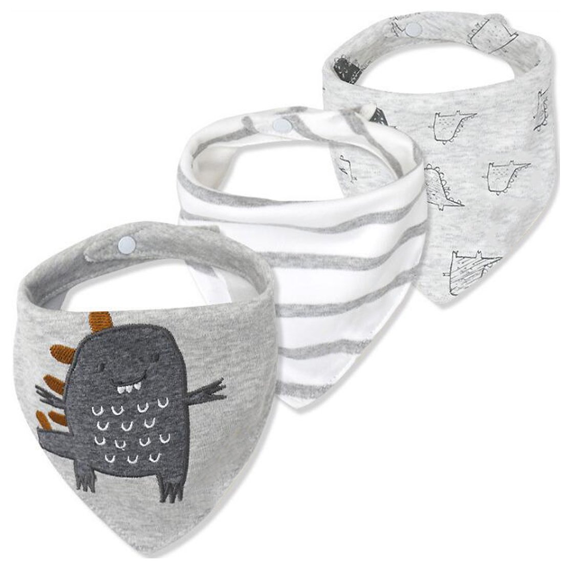 CuteOn Baby Drool Bibs, Unisex 3-Pack Absorbent Cotton, Triangle Bib with Snaps Gift for Boys & Girls