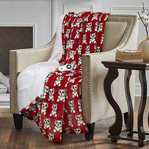 Serta Shiny Sherpa Electric Heated Warming Throw Blanket Dogs Red 50