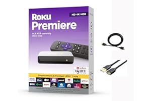 Roku 3920RW-SW Premiere - 4K/HDR Streaming Media Player, Enabled with Premium High Speed HDMI Cable & Simple Remote, Wi-Fi, with HDMI Cable and USB Extension Cord