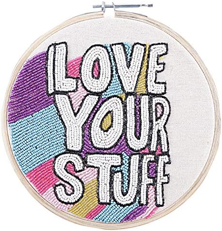 The Bombay Store - Love Your Stuff Wall Decor-Hand Embroidered Canvas on Wood Frame - 22 cms