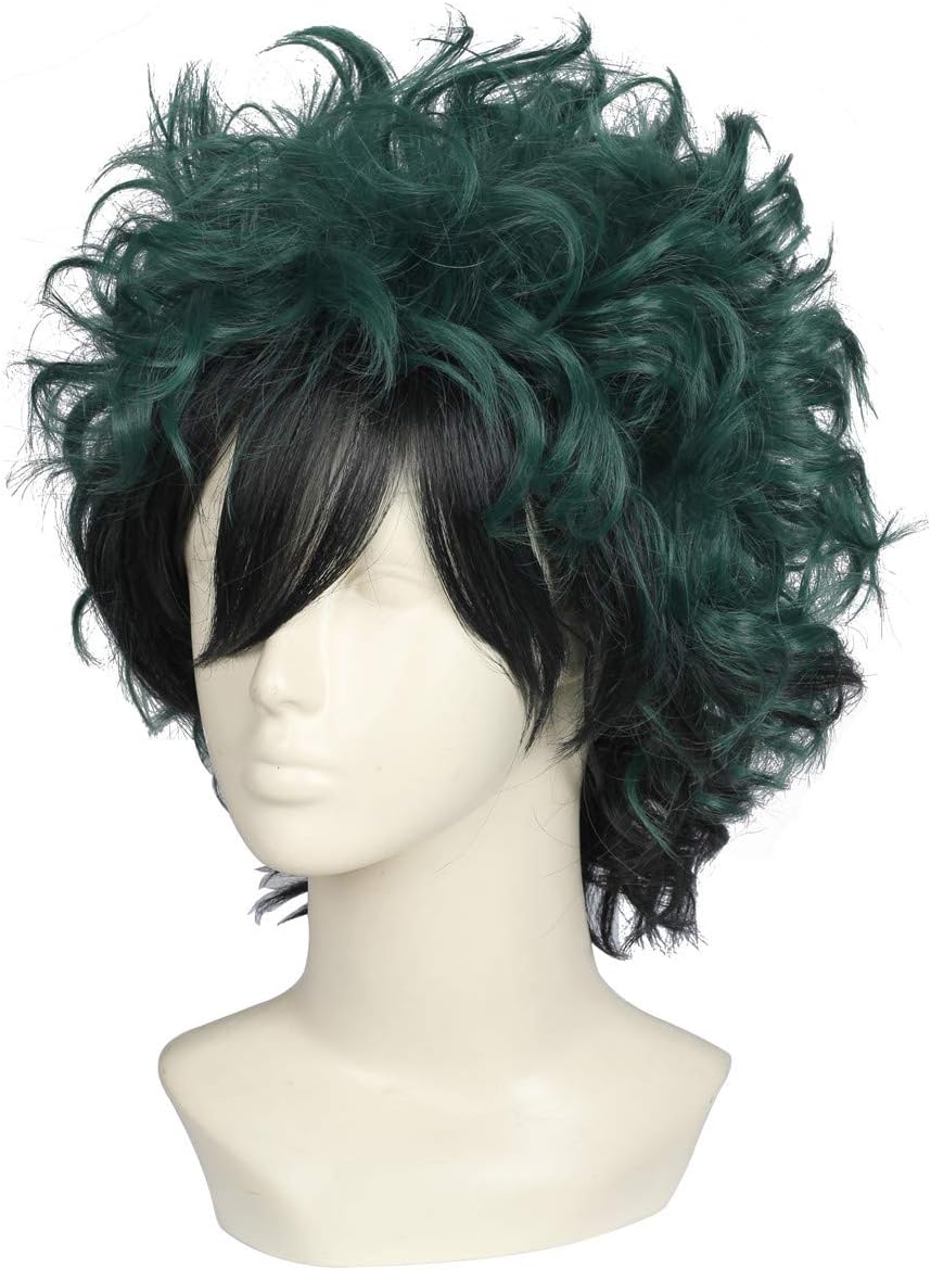 FantaLook Short Curly Prestyled Natural Heat Resistant Cosplay Wig (Dark Green with Black)