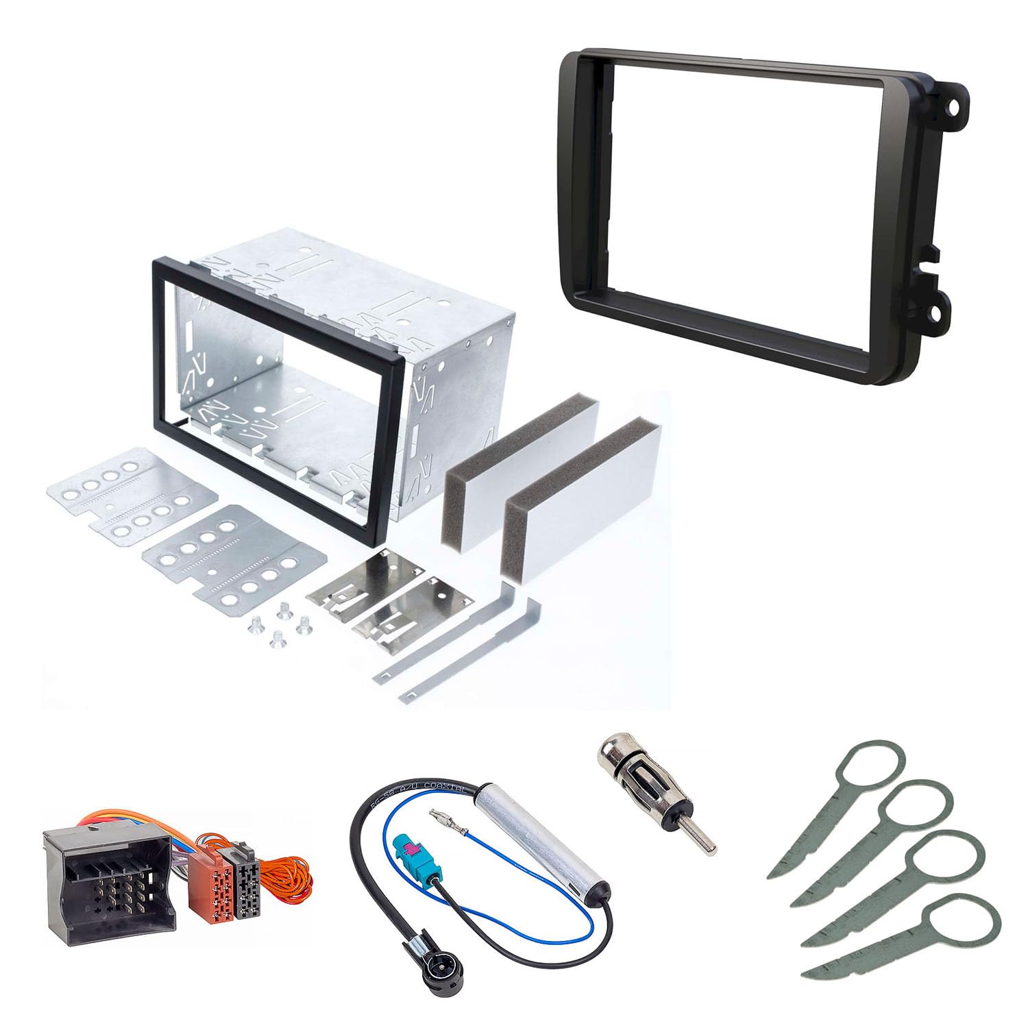 Audioproject A217 Double DIN ISO Installation Set Compatible with VW Golf 5 6 Passat Skoda Octavia Seat Radio Fascia Installation Bay Radio Adapter 2 x Antenna Adapter Fakra Release Lever