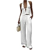SHENHE Women's Linen Set 2 Piece Outfits Sexy Backless Halter Top Low Rise Palazzo Pants Set