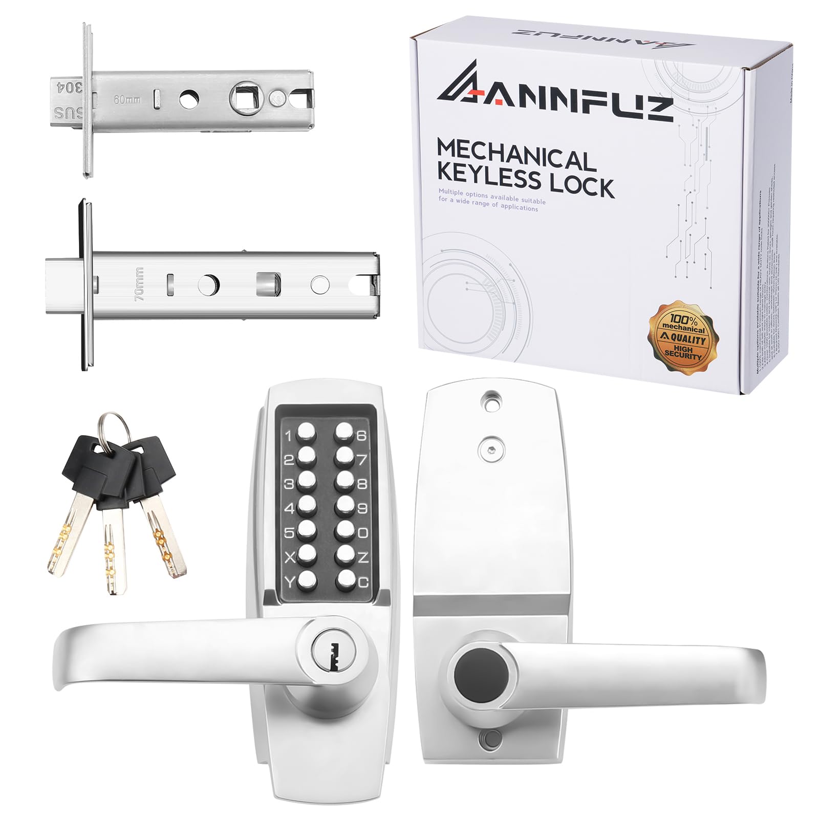 Photo 1 of ANNFUZ Mechanical Entry Keypad Door Handle Lock with Key,Auto-Locking Push Button Code Door Knob Lock,Single Sided Combination & Interior Hold-open Lever,for Front Gate,Garage,Office,Brushed Nickel