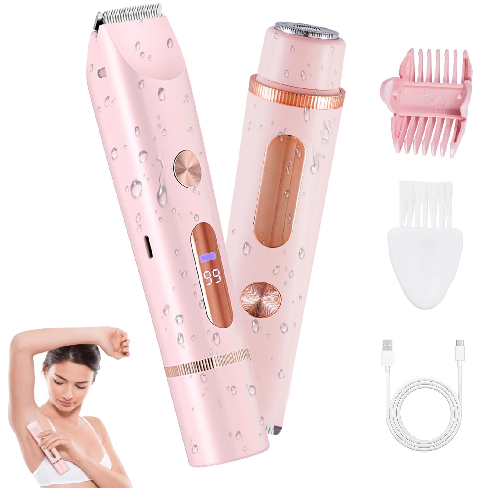 Photo 1 of 2 in 1 Bikini Trimmer for Women, Dual Head Electric Shaver with LED Display, IPX7 Waterproof Body Pubic Hair Trimmer Rechargeable Womens Electric Razor for Armpit Leg Body Facial
