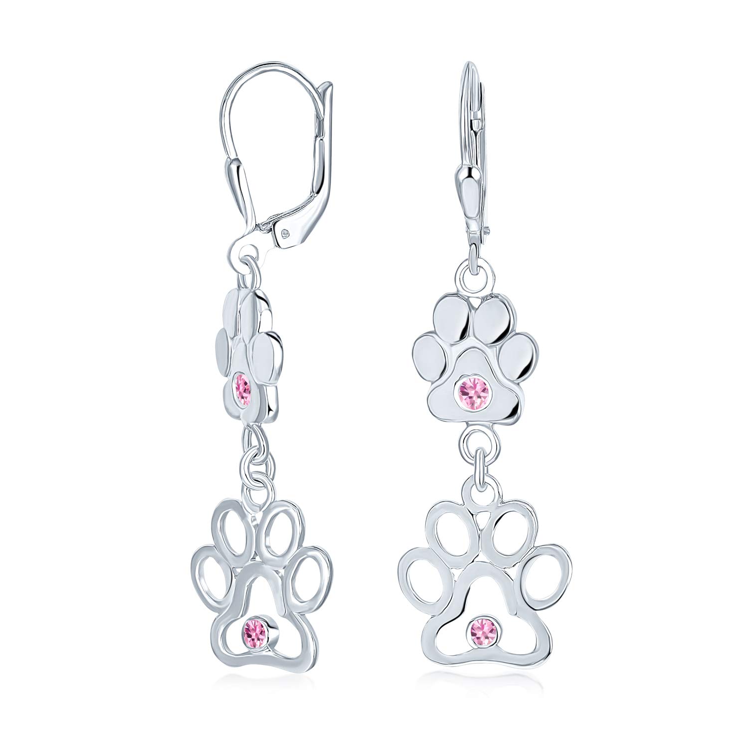BFF Cut Out Open Animal Lover Pet Dog Cat Paw Print Dangle Earrings For Women Puppy Pink CZ Cubic Zirconia .925 Sterling Silver Lever back