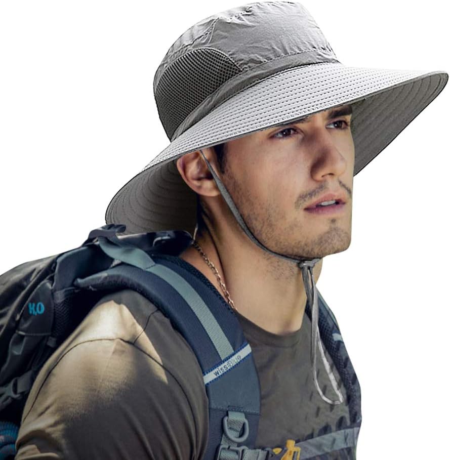 Mens Sun Hat Summer Unisex Sun UV Protection Bucket Hat Outdoor Waterproof Wide Brim Hat with Breathable Mesh and Chin Strap for Camping Cycling Hunting Golf Hiking Fishing Hat