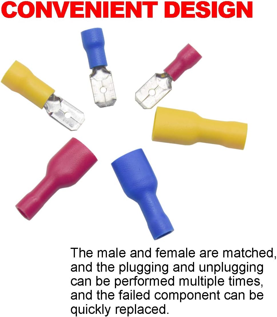 Yosawo 120 Pieces AWG 22-16 16-14 12-10 PVC Fully Insulated Male/Female Spade Quick Disconnect Electrical Insulated Crimp Terminals Connectors Set(PVCGM) - Image 5