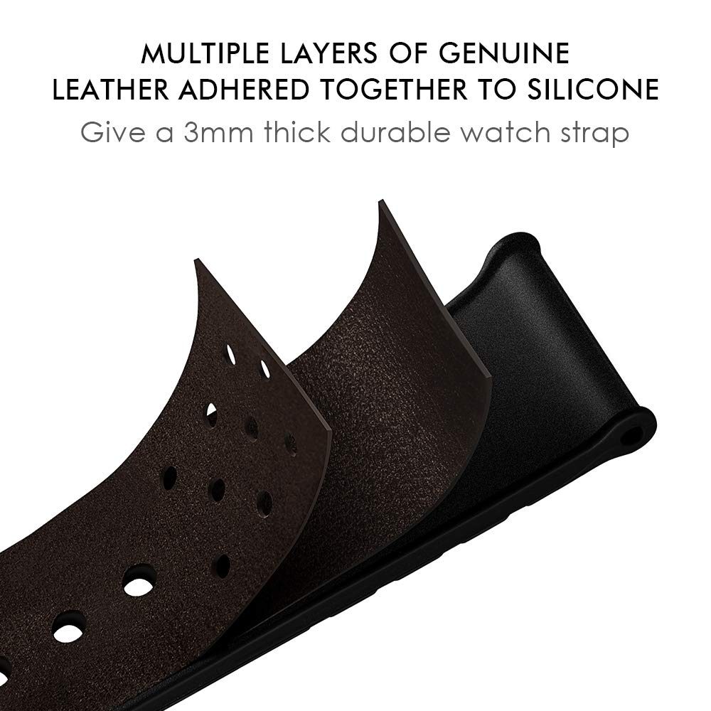 Hybrid Leather Sports Band Compatible with Apple Watch 42mm 44mm Luxury RUCHBA Comfort Practicality Sweatproof Silicone+Leather Replacement Straps Compatible with iwatch Space Black 4 1 2 3 Dark Brown