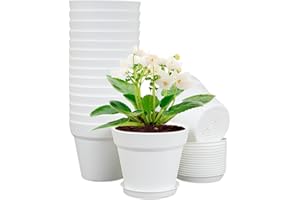 Meowell 6 inch Plastic Nursery Pots, 16 Pack Plant Pots for Indoor Outdoor Plants, Flower Pots with Drainage Holes and Saucers, Decorative Seedling Starter Planters for House Plants, White