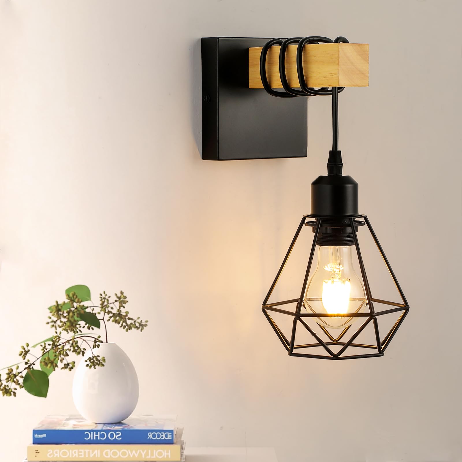 FORCOSO Wall Lights Indoor, Vintage Wood Lamp Black Brown, E27 Sconce Lights, Industrial Wall Mounted Lights Fittings, Rustic Lighting Fixtures for Living Room Bedrooms Hallway Stair