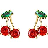 DEYOUM Cherry Stud Earrings for Women Personalized 18K Gold Plated Red Cherry Elegant Shining Green Emerald Leaf CZ Crystal Ruby Cherries Post Earring Jewelry Gift for Lovers