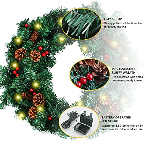 24" Artificial Lighted Christmas Wreath Prelit Christmas Wreath w