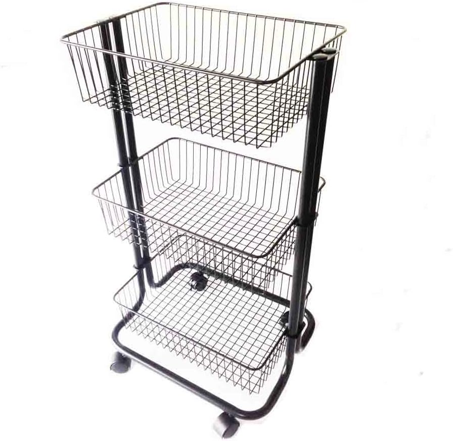 Greenjet 3 Tier Metal Utility Rolling Cart, Storage Trolley with Wheels Mesh Basket, Steel Heavy Duty Mobile Storage Organizer, for Kitchen Bedroom Bathroom Laundry Office, Black