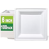 GreenWorks 100 Count 6 Inch Small Square Compostable plates, Heavy Duty Bagasse and Bamboo Fiber Plates