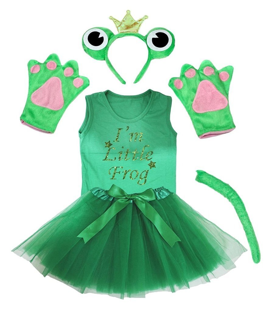 Petitebelle Crown Headband Bowtie Tail Gloves Shirt Skirt 6pc Girl Costume 1-8y (Frog, 3-4 Years)