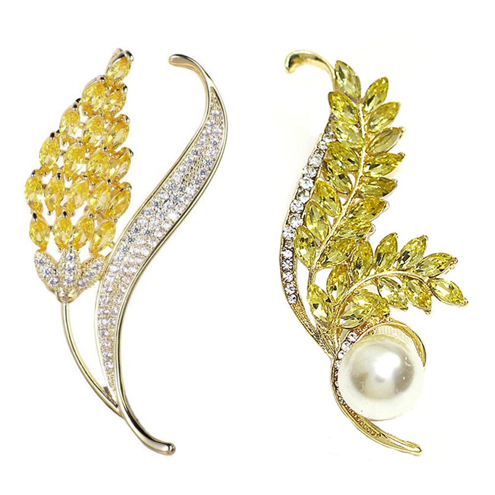 CAREOR 2 Pack Elegant Wheat Ears Brooch Engraving Metal Crystal Clothes Accessories Brooch Pin Lapel Pin Jewelry for Women Girls Clothing Accessories