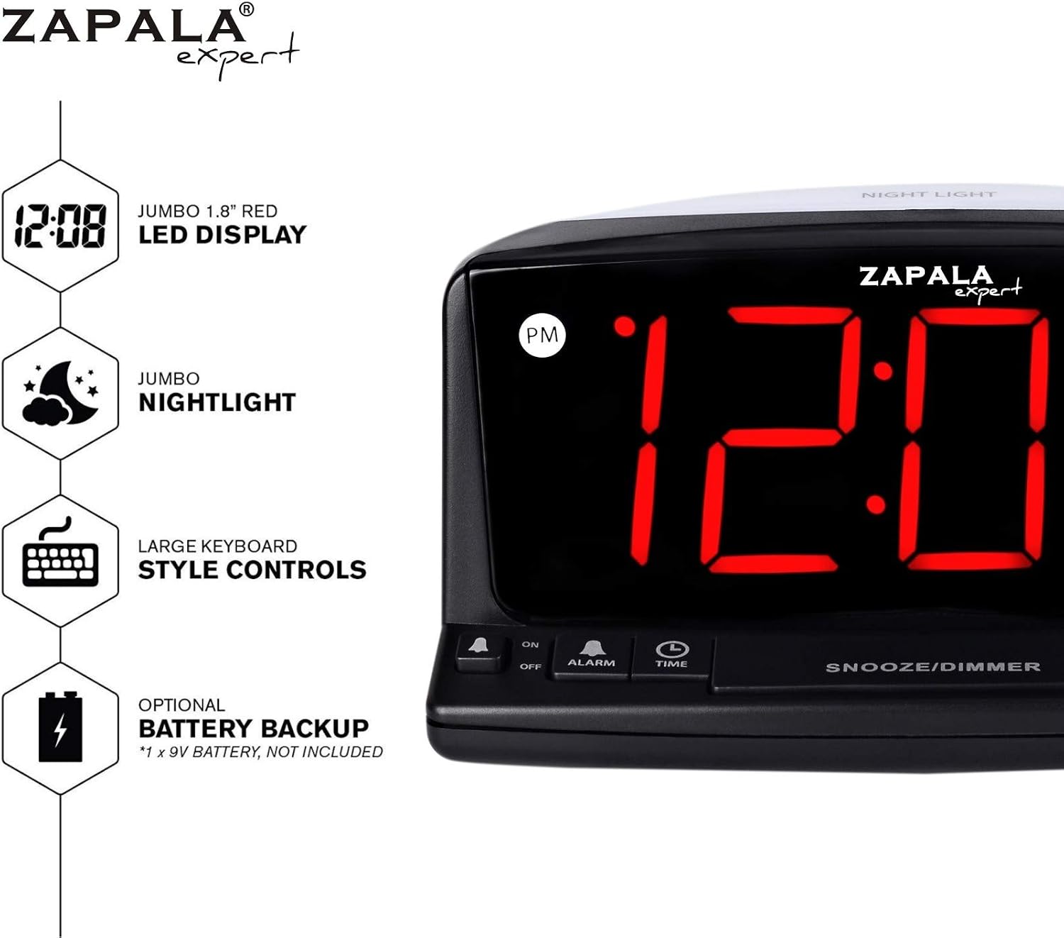 ZAPALA expert LED Digital Alarm Clock – Simple Operation - Easy to See Large Numbers, Built in Night Light, Loud Beep Alarm with Snooze, Bright Big Red Digit Display, Dimmer Control - Image 3