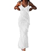 HOCILLE Women's Sexy V Neck Floral Lace Wedding Bodycon Spaghetti Strap Elegant Ruffle Maxi Cocktail Party Dresses