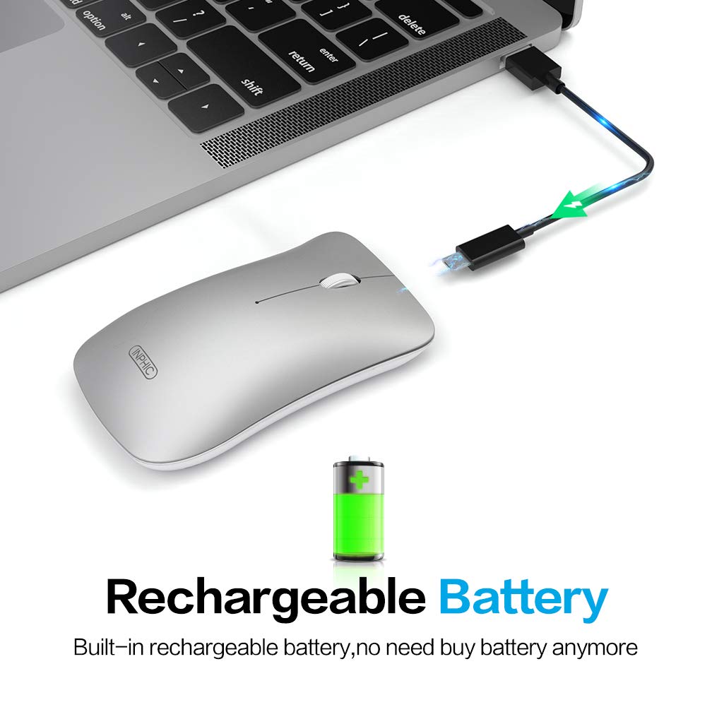 Bluetooth Mouse Rechargeable, Inphic Slim Silent Click Rechargeable 2.4G Wireless Mice 1600DPI Optical Portable USB PC Computer Laptop Cordless Mouse with Nano Receiver (Bluetooth Silver)