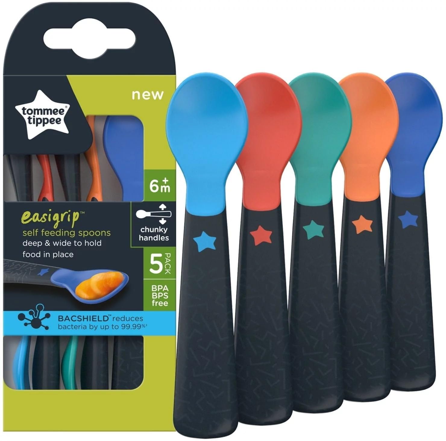 Tommee Tippee Easigrip Self-Feeding Weaning Spoons, for Babies 6m+, Pack of 5 Spoons with Easy to Hold Chunky Handles, Steriliser and Dishwasher Safe
