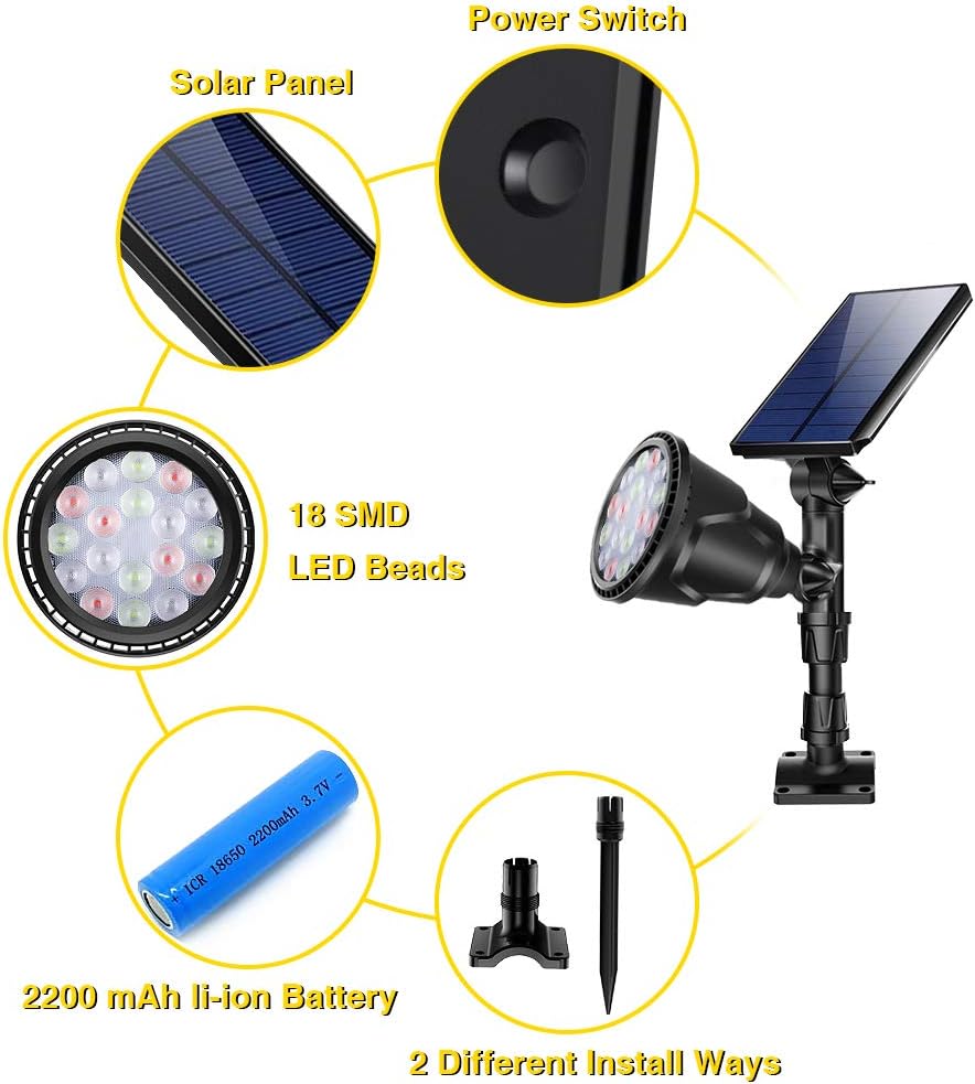 Outdoor Solar Spot Lights, Super Bright 18 LED Security Lamps Waterproof Spotlight for Garden Landscape Path Walkway Deck Garage (7 Colors, 2 Pack) - - 
