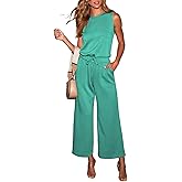 BONITEE Women Sleeveless Jumpsuit Casual Summer Rompers Dressy Crewneck Wide Leg Jumpsuits One Piece Outfit