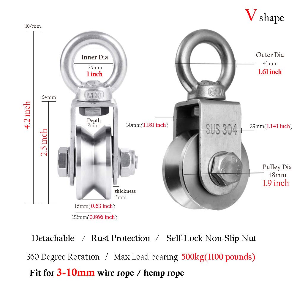 RHKING Pulley Wheel V Heavy Duty Pulley Durable Super Silent Stainless Duplex Bearing Detachable 360 Degree Rotation Smooth Loading 1100lb/500 Kg for Material Handling and Moving: Industrial & Scientific
