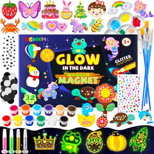CGBOOM Kids Painting Set, 32 Pieces Kids Craft Set, Luminescence Fridge Magnets for Painting and Crafts, Wooden Magnets for Painting, Gift for Girls and Boys