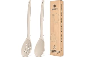 Pack of 2 Silicone Cooking Spoons, Non Stick Solid Kitchen Spoon with Measuring Marks & Back Hooks, Heat Resistant Silicone S