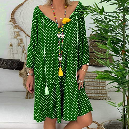 Dresses for Women Vintage Polka Dot Tie Neck Tassel A-LIne Swing Mini Dress Long Sleeve Causal Basic T-Shirt Dress