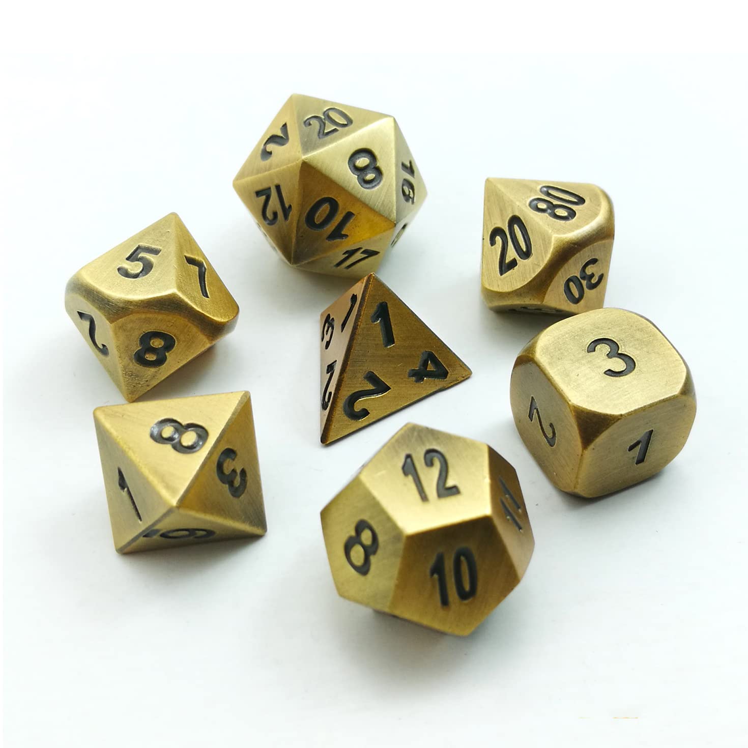 Bescon Brass Solid Metal Polyhedral D&D Dice Set of 7 Copper Metal RPG Role Playing Game Dice 7pcs