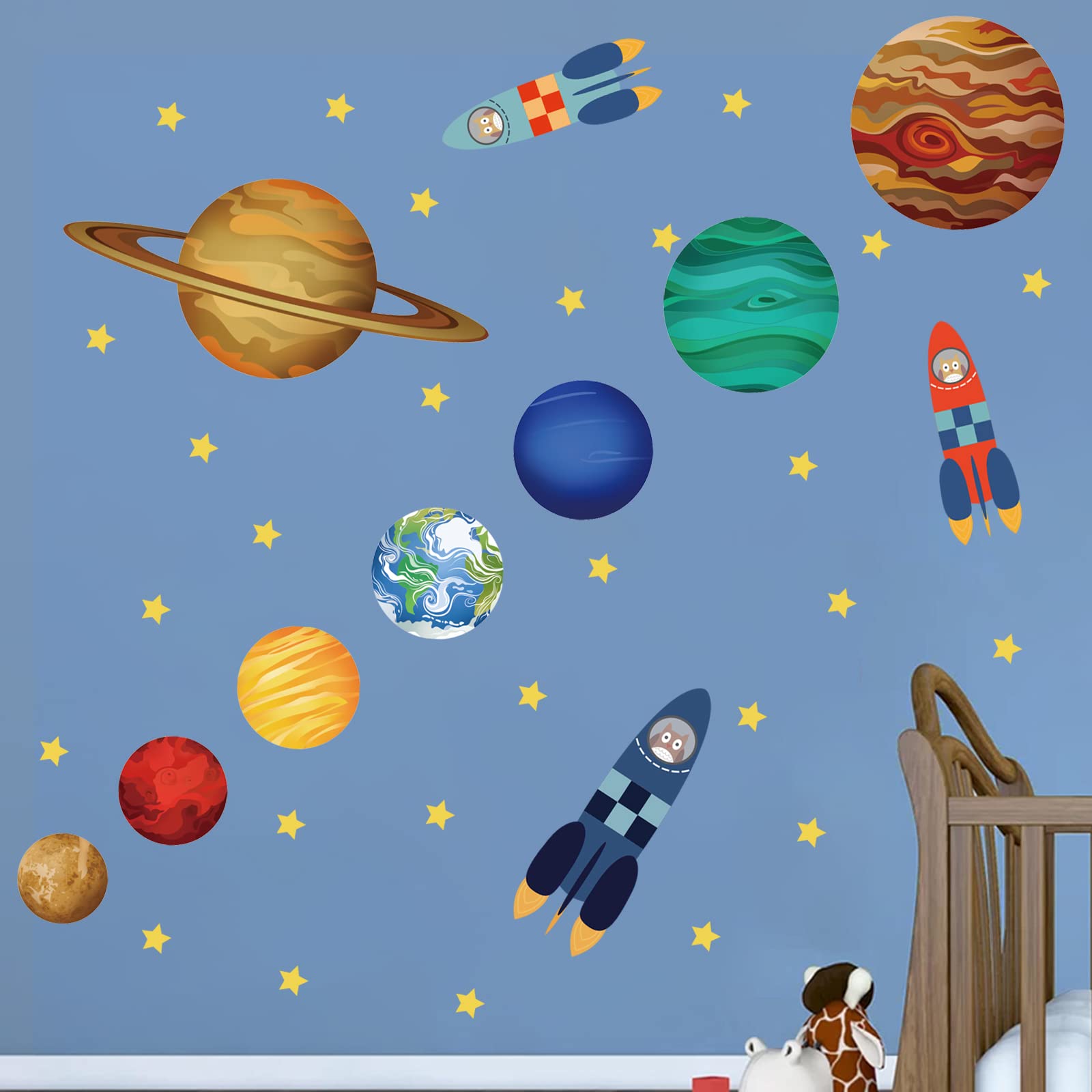 decalmile Solar System Planets Wall Decals Owl Rocket Outer Space Wall Stickers Baby Nursery Boys Bedroom Playroom Wall Decor