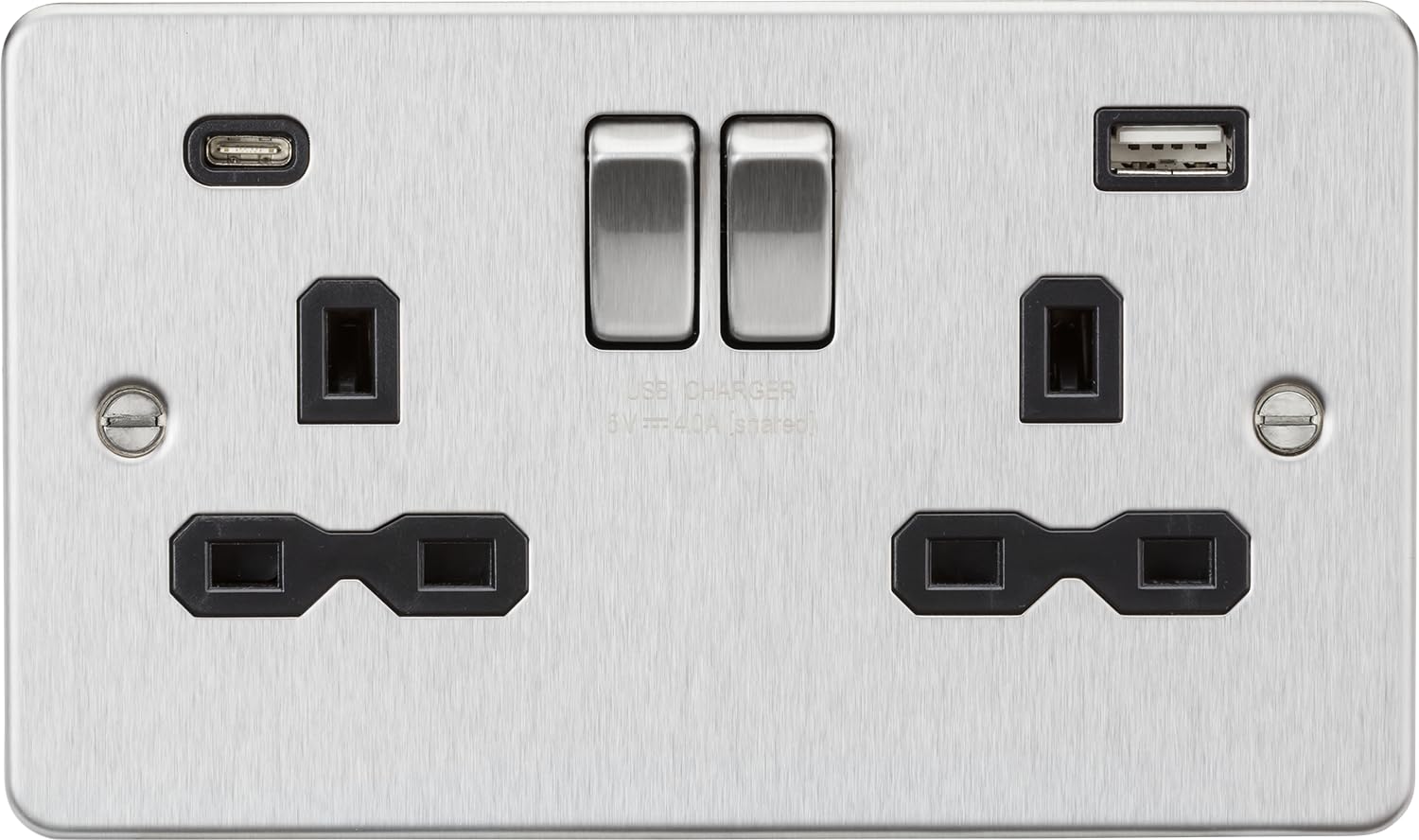 13A 2G SP Switched Socket with Dual USB A+C (5V DC 4.0A shared) - Brushed Chrome with Black Insert