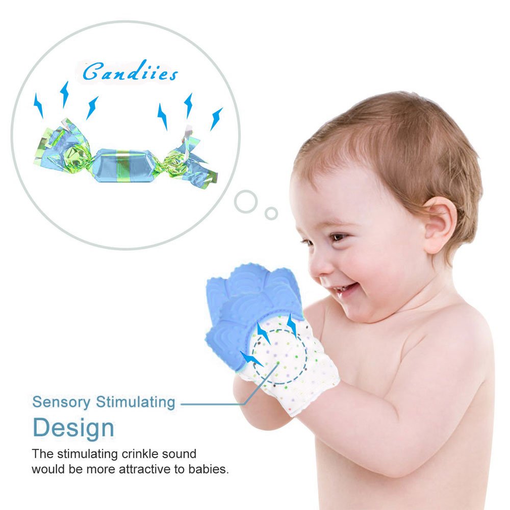 Teething Mitten, SZHSR Baby Self Soothing Teether Mitten BPA Free Teething Pain Relief Toy Wearable for Left & Right Hand for Unisex 2 - 8 Months Babies. (Blue, 2PSC)