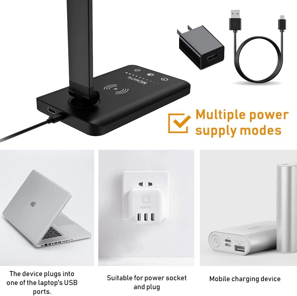 MCHATTE LED Desk Lamp with Wireless Charger, USB Charging Port, Dimmable Eye-Caring Desk Light with 5 Brightness Levels & 5 Lighting Modes, Touch Control, Auto Timer (Black): Home & Kitchen
