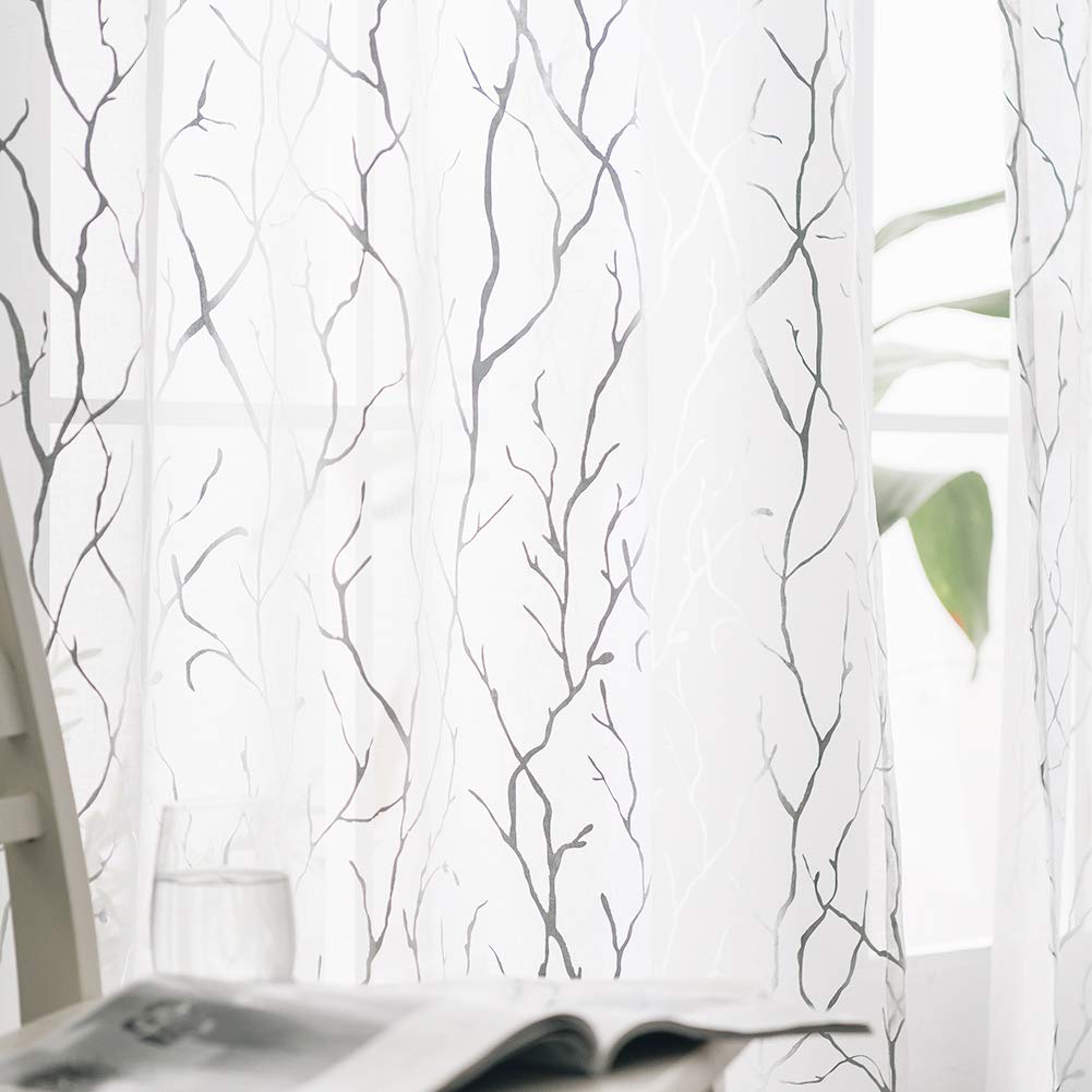 FINECITY White Sheer Curtains 84 Inch Long - Silver Foil Tree Branch White Curtain 2 Panels Rod Pocket Sheer Window Curtains Tree Pattern for Living Room, 52 x 84 Inch, 1 Pair, White Silver