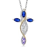 Cross Necklace For Women In 925 Silver and 10K Yellow Gold with Moissanite and Created Sapphire and Tanzanite | 1.40 Cttw | Jesus Christian Religious Crucifix | Marquise 8X4MM | 18 Inch Chain