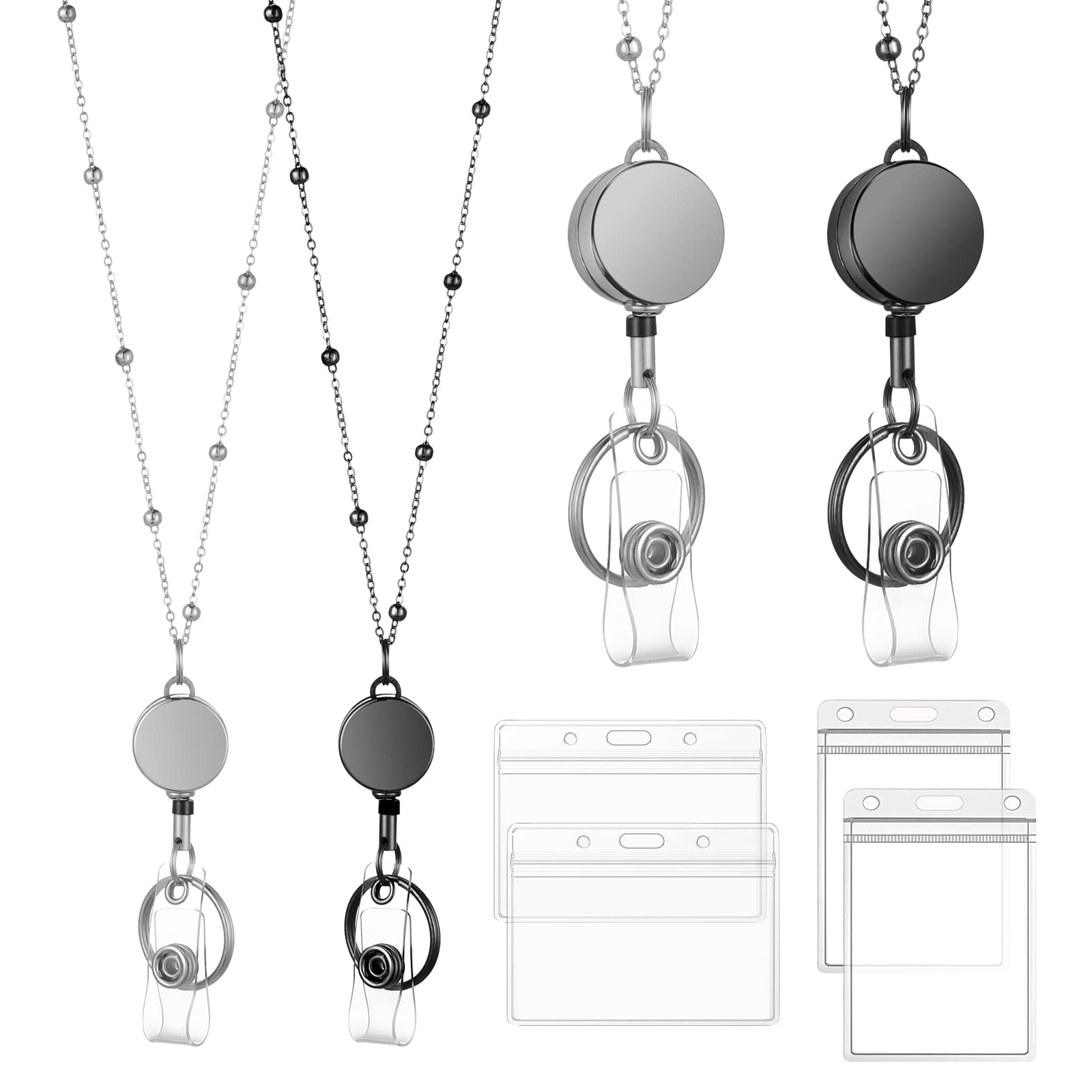 6 Pcs/Set Retractable Badge Reel Lanyard with ID Holder, Stainless Steel Necklace with Transparent ID Card Holder and Keychain, Badge Holders for Women Teachers, Nurses, Students