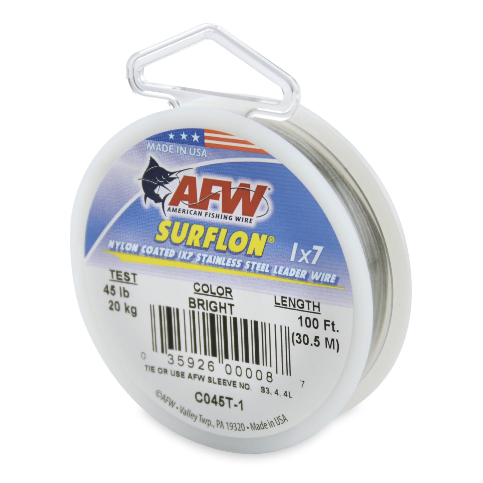 American Fishing Wire Surflon, Nylon Coated 1x7 Stainless Steel Leader Wire, 45 lb Test, .028" Diameter, Bright, 100 ft